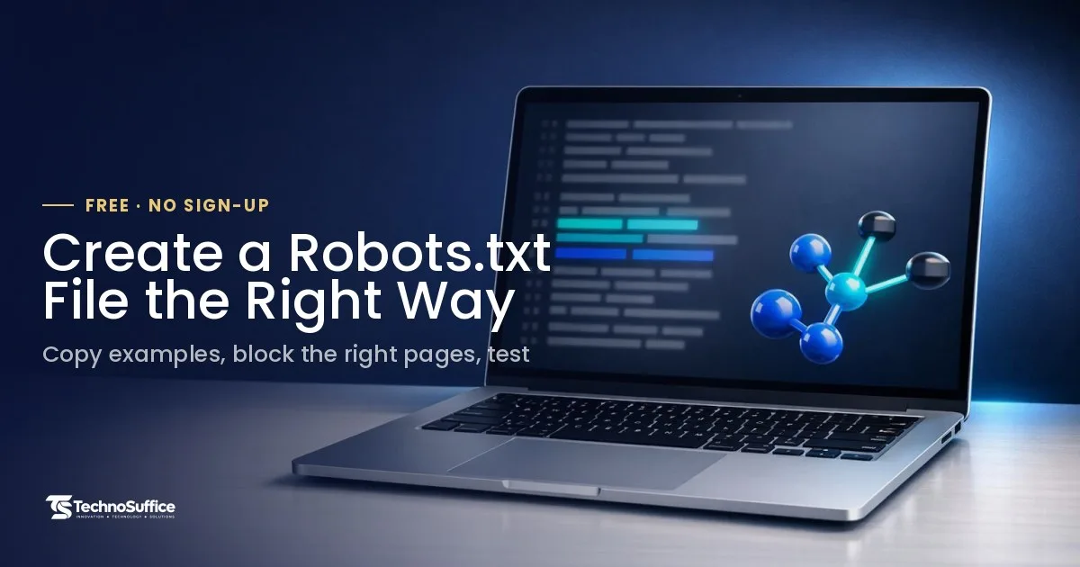 Laptop on a tidy desk showing a plain text file, illustrating how to create a robots.txt file