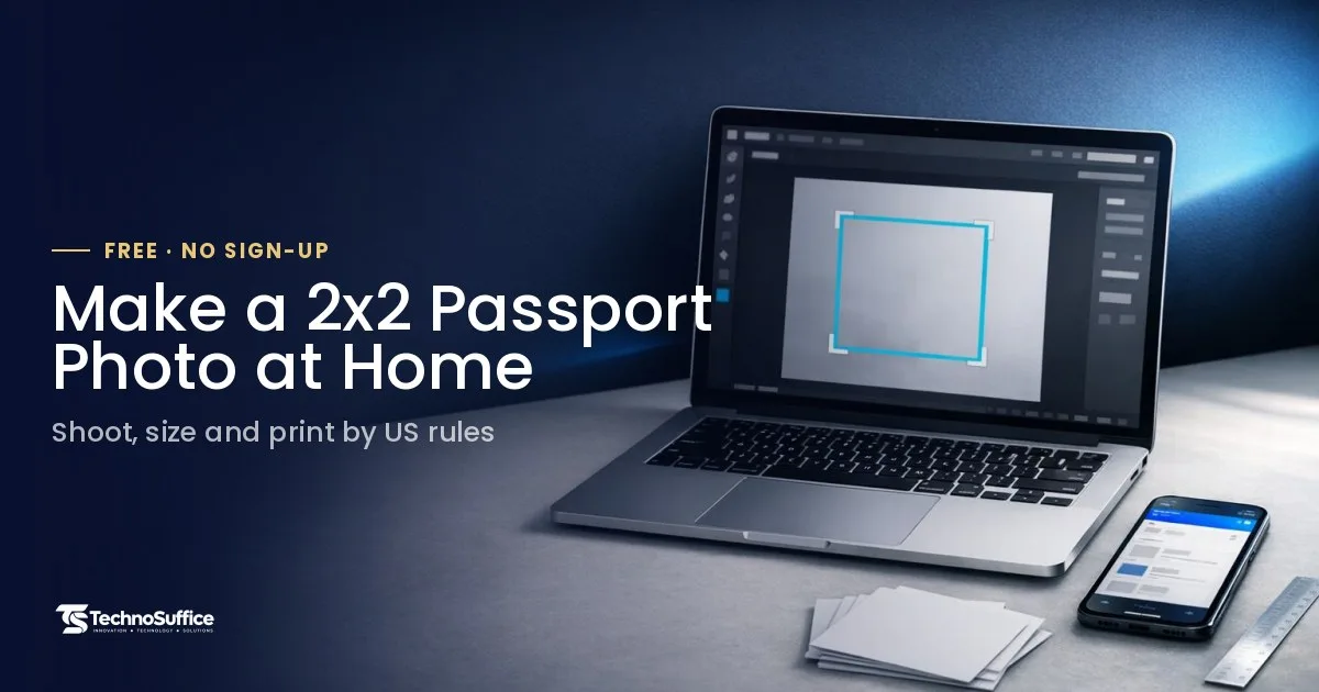 Phone, laptop and printed squares on a desk showing how to make a 2x2 passport photo at home