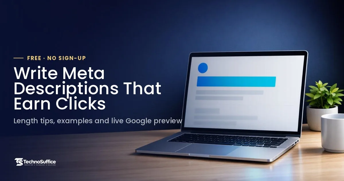 Laptop showing a search result preview on a tidy desk, a guide on how to write a meta description