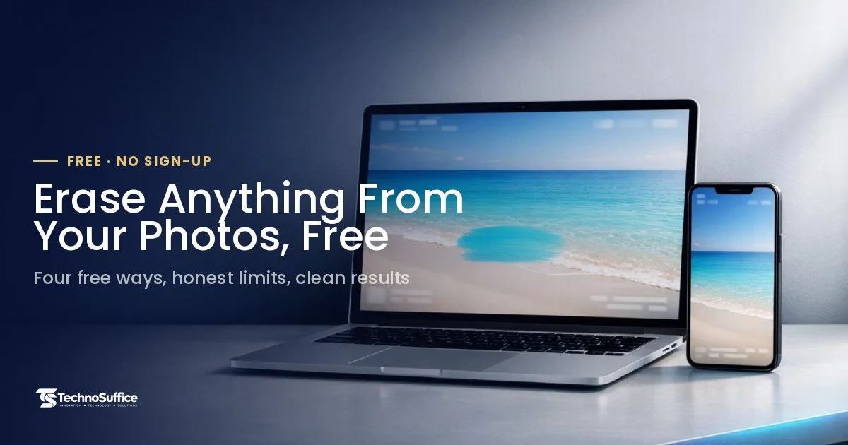 Laptop and phone showing how to remove object from photo free, with a cyan brush mask on one beach photo and a clean one on the other