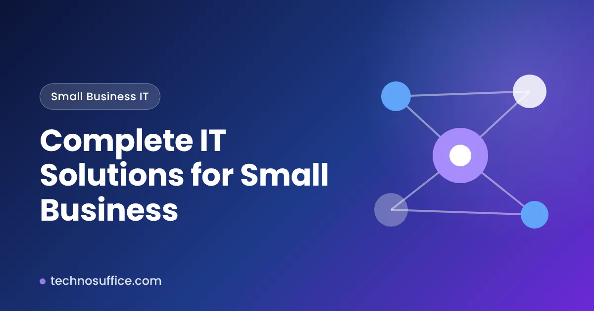 Complete IT solutions for small business title card with connected network nodes