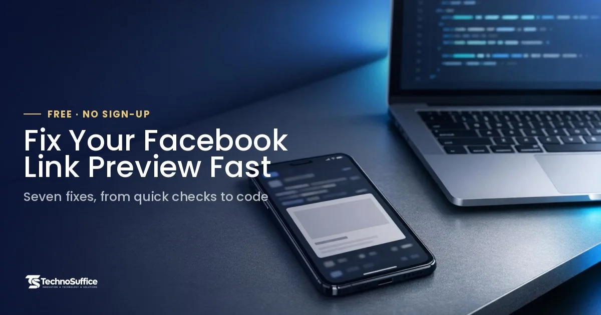 Phone with a shared link card missing its image beside a laptop, showing a Facebook link preview not showing