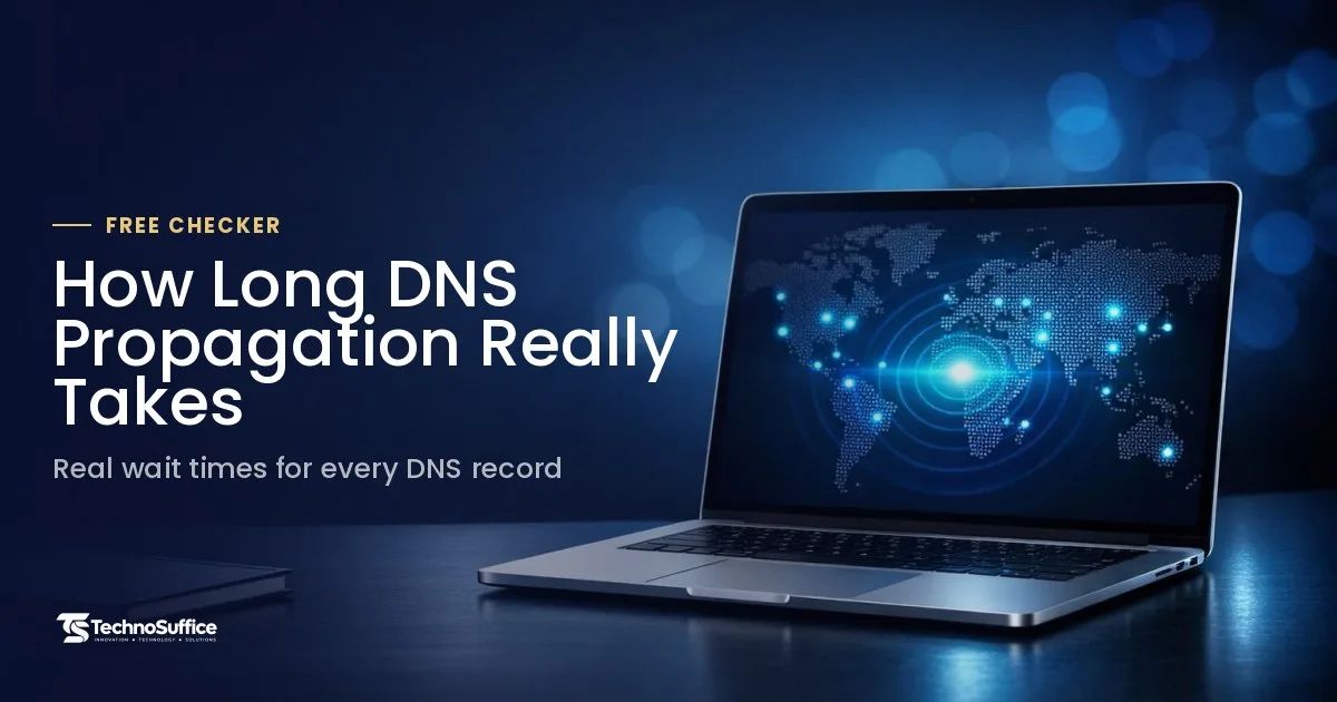Laptop showing a glowing dot map of a DNS change spreading worldwide, illustrating how long DNS propagation takes