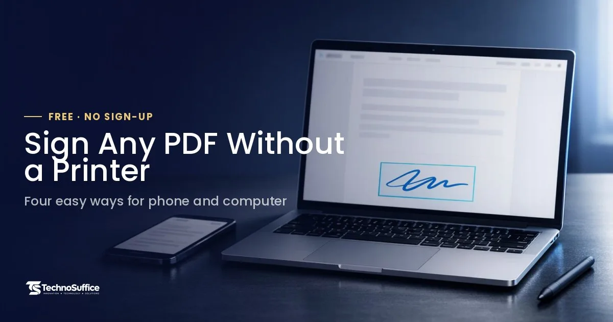 Laptop and phone on a tidy desk showing a signed PDF page, how to sign a PDF without printing