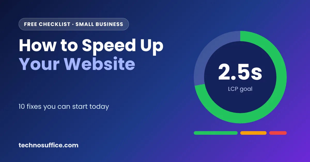 How to Speed Up Your Website title card with a 2.5 second LCP goal gauge on a navy and purple background