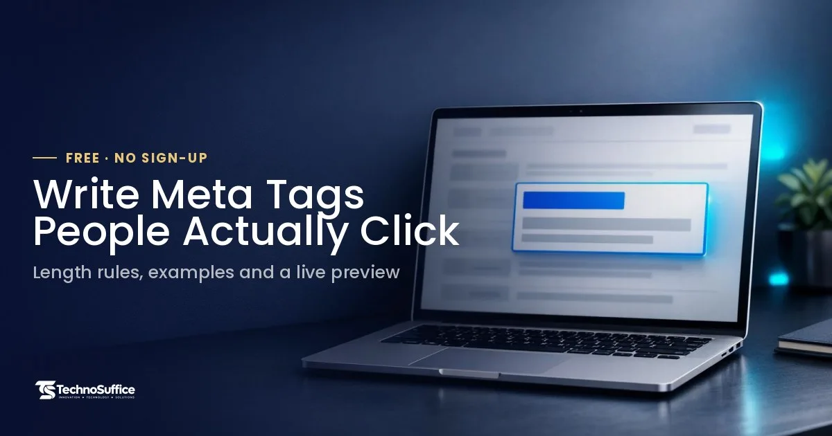 Laptop showing a search result preview, illustrating how to write meta title and meta description