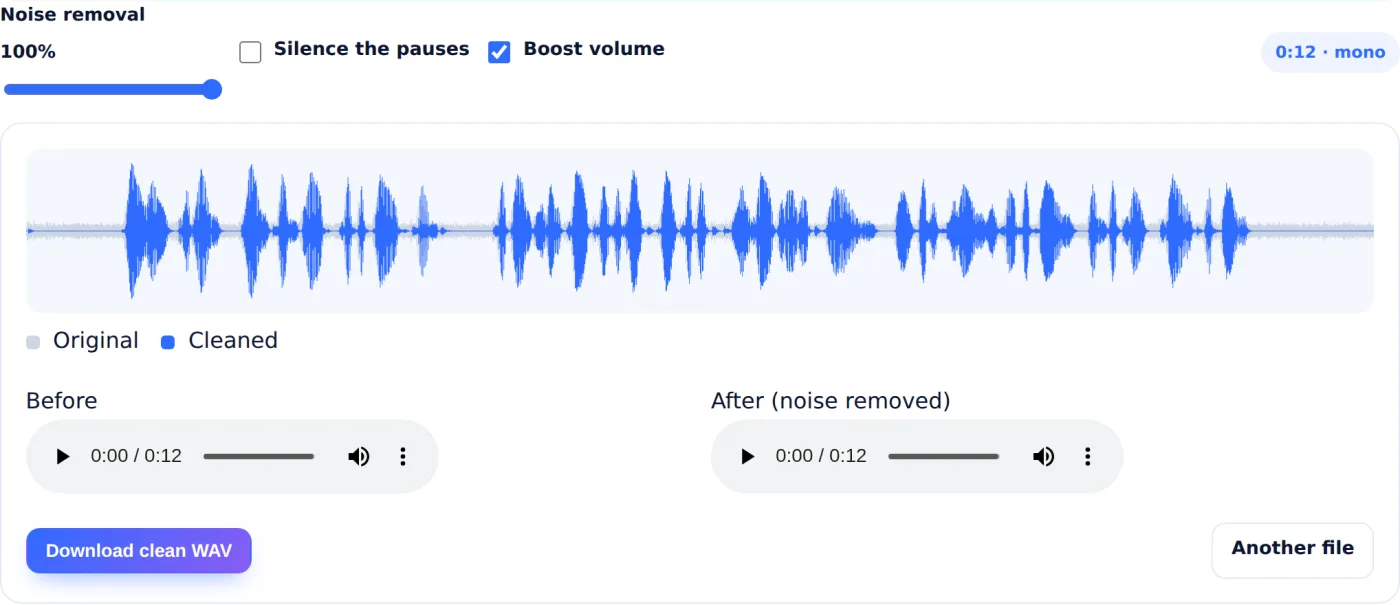 Audio Noise Remover showing the original noisy waveform in gray and the cleaned voice in blue