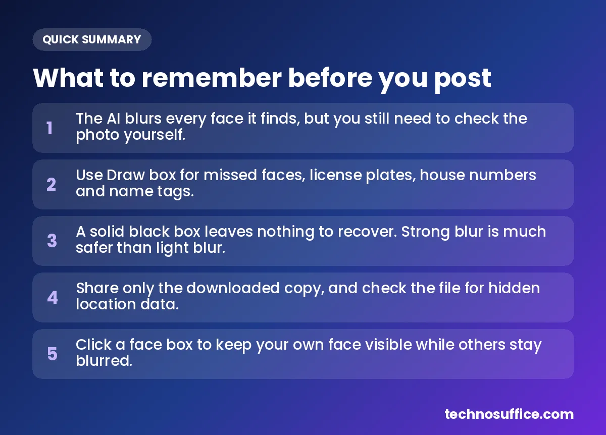 Key takeaways: The AI blurs every face it finds, but you still need to check the photo yourself.; Use Draw box for missed faces, license plates, house numbers and name tags.; A solid black box leaves nothing to reco...