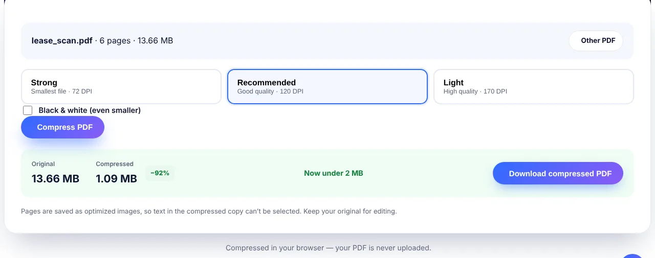 Compress PDF tool on technosuffice.com showing a 13.66 MB scanned lease reduced to 1.09 MB, 92 percent smaller
