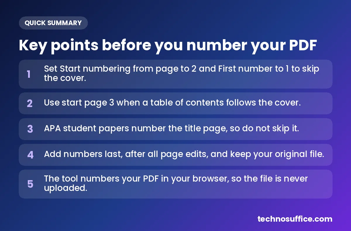 Key takeaways: Set Start numbering from page to 2 and First number to 1 to skip the cover.; Use start page 3 when a table of contents follows the cover.; APA student papers number the title page, so do not skip it.;...
