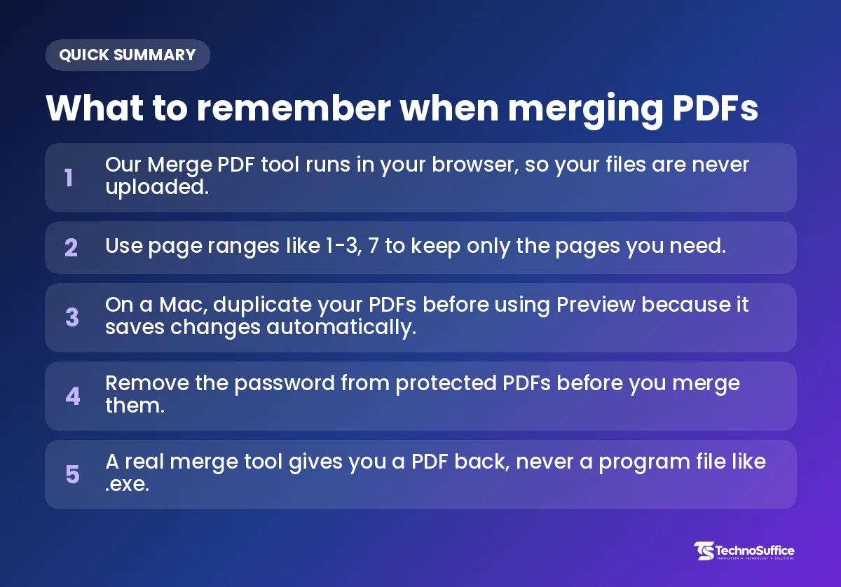 Key takeaways: Our Merge PDF tool runs in your browser, so your files are never uploaded.; Use page ranges like 1-3, 7 to keep only the pages you need.; On a Mac, duplicate your PDFs before using Preview because it...