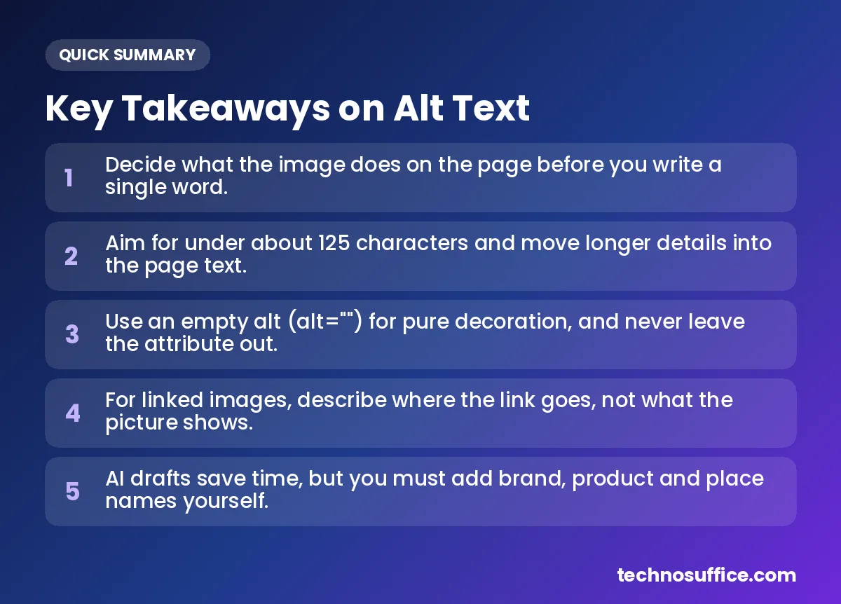 Key takeaways: Decide what the image does on the page before you write a single word.; Aim for under about 125 characters and move longer details into the page text.; Use an empty alt (alt="") for pure decoration, a...