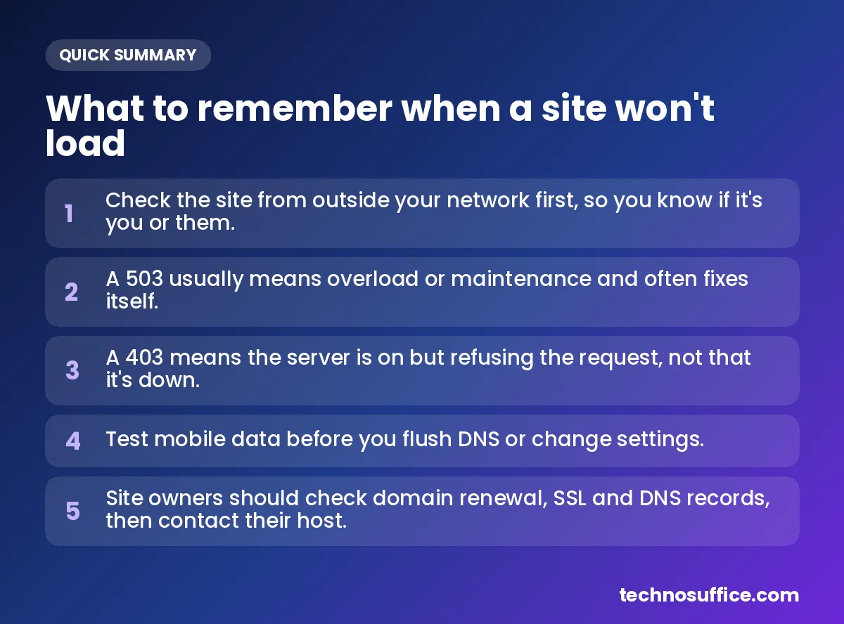 Key takeaways: Check the site from outside your network first, so you know if it's you or them.; A 503 usually means overload or maintenance and often fixes itself.; A 403 means the server is on but refusing the req...