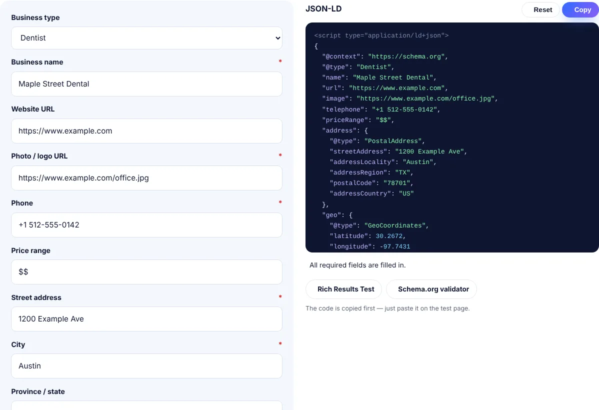 TechnoSuffice Schema Markup Generator with the Local Business tab open, Dentist type selected and LocalBusiness JSON-LD code generated for an example Austin dental office