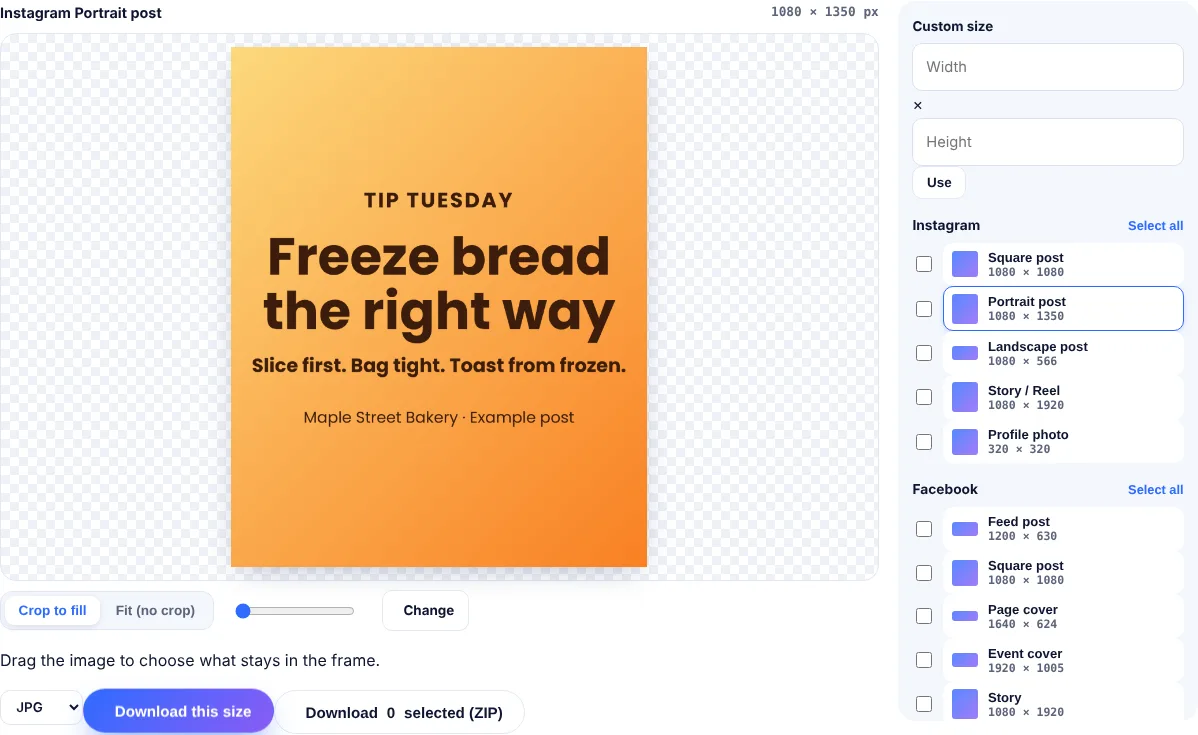TechnoSuffice Social Media Image Resizer cropping a sample bakery post to the Instagram portrait size of 1080 by 1350 pixels