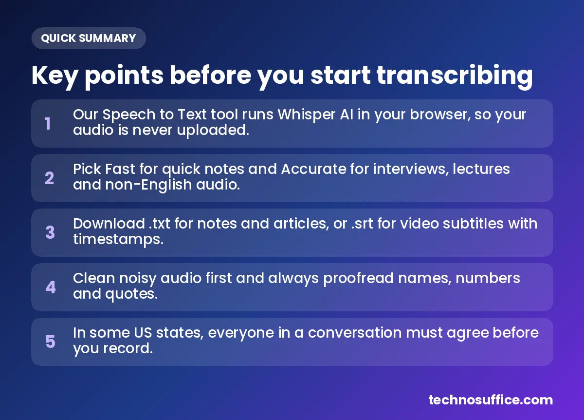 Key takeaways: Our Speech to Text tool runs Whisper AI in your browser, so your audio is never uploaded.; Pick Fast for quick notes and Accurate for interviews, lectures and non-English audio.; Download .txt for not...
