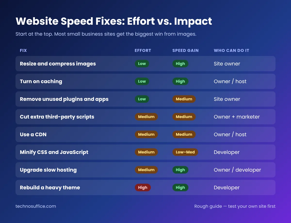 Infographic table of website speed fixes rated by effort and speed gain, from resizing images to rebuilding a heavy theme